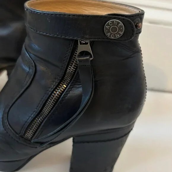 Acne Studios Track Leather Boots Black Size 37 Zip & Snap Closure 3.25" Heel - Picture 5 of 9
